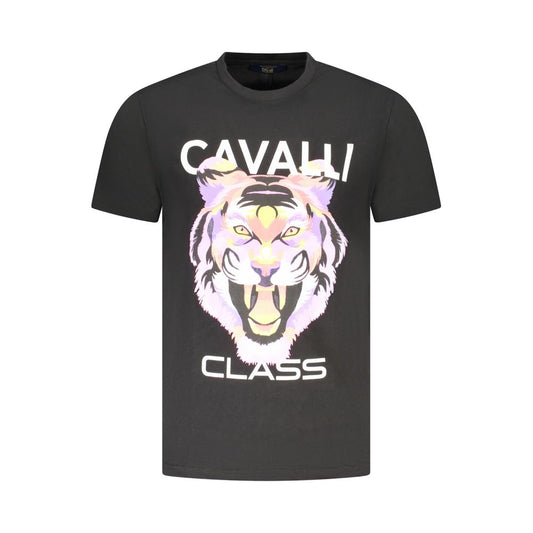 Cavalli Class Black Cotton Men T-Shirt with bold tiger print and logo, showcasing high-end fashion on soft black fabric.