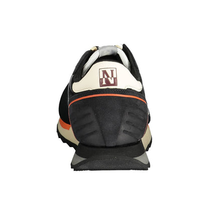 Rear view of Napapijri Black Leather Men Sneaker showcasing the stylish design and contrasting details.
