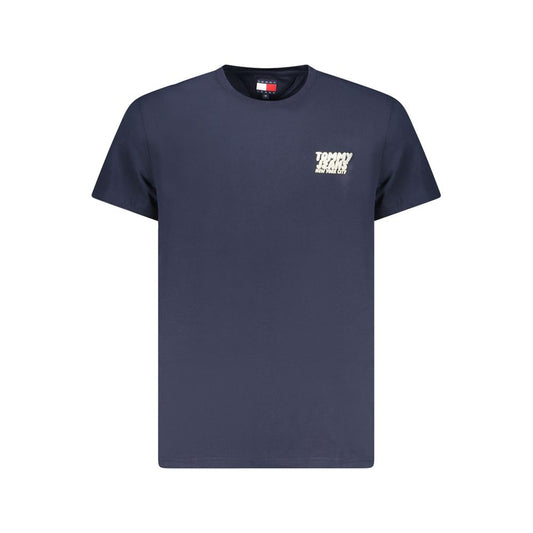 Tommy Hilfiger Blue Cotton Men T-Shirt with logo embroidery on a sustainable short sleeve design.