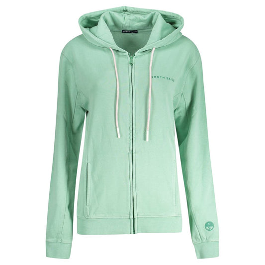 North Sails Green Cotton Women Sweater with hood and zip closure, featuring central pockets and embossed logo print.