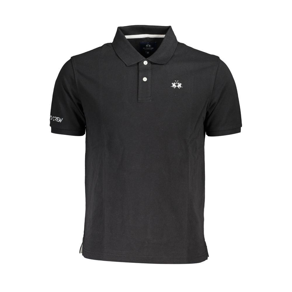 La Martina Black Cotton Men Polo Shirt with embroidery and two-button placket, short-sleeve, classic sophistication.