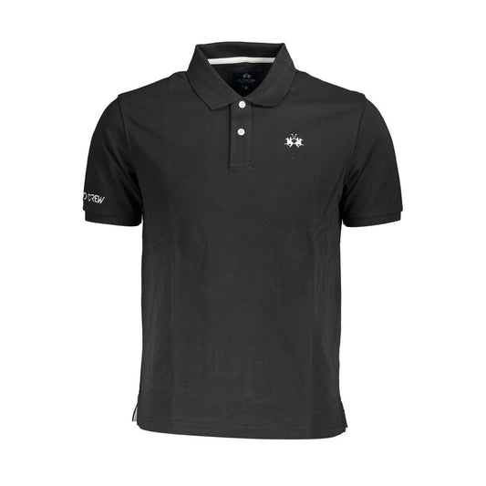 La Martina Black Cotton Men Polo Shirt with logo embroidery and two-button placket, showcasing modern style and sophistication.