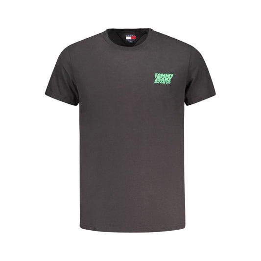 Tommy Hilfiger Black Cotton Men T-Shirt with logo on chest, made from 95% regenerative cotton for comfort and sustainability.