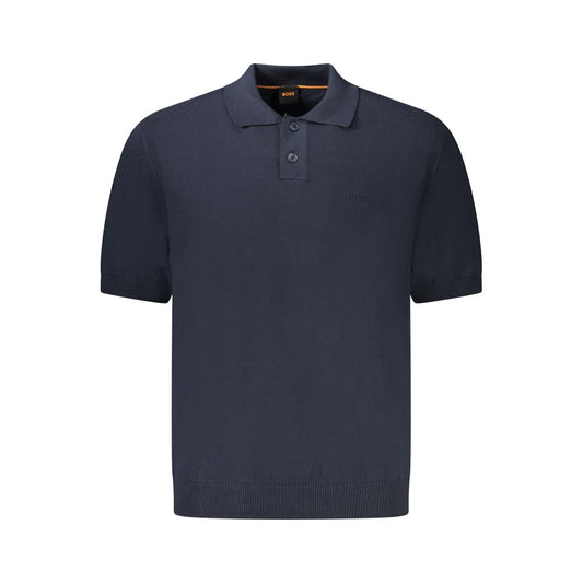 Hugo Boss Blue Cotton Sweater with short sleeves, 2 buttons, embroidery, and logo, perfect for stylish casual wear.