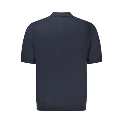Hugo Boss Blue Cotton Sweater, short sleeved, 2 buttons, embroidery, logo, stylish and comfortable design for men.