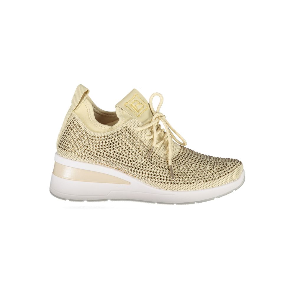 Laura Biagiotti Beige Polyester Women Sneaker with rhinestone details and 4 cm heel, showcasing fashion-forward design and comfort.