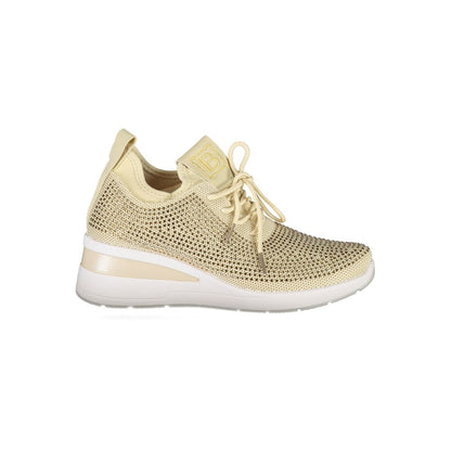 Laura Biagiotti Beige Polyester Women Sneaker with rhinestone details and 4 cm heel, showcasing fashion-forward design and comfort.