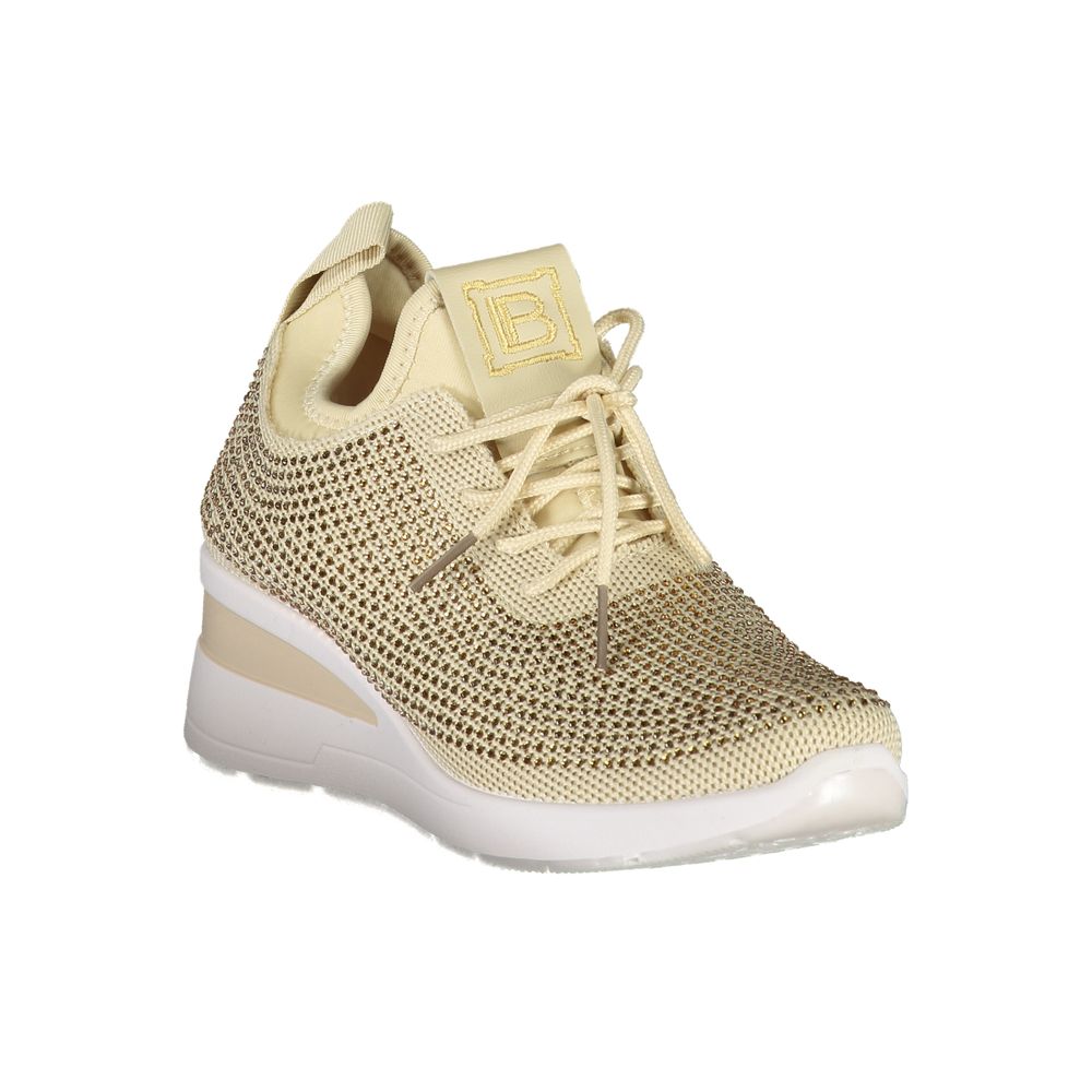 Laura Biagiotti Beige Polyester Women Sneaker with rhinestone embellishments and 4 cm heel, featuring stylish streetwear design.