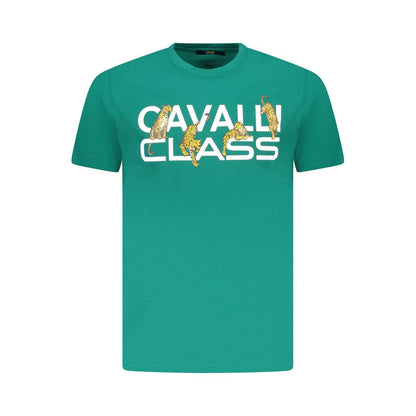 Cavalli Class Green Cotton Men T-Shirt with logo print, vibrant green color, designed for luxury and style.