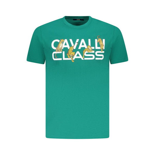 Cavalli Class Green Cotton Men T-Shirt with logo print, short sleeves, and bold green color for luxury and style.