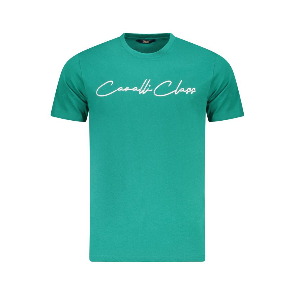 Cavalli Class Green Cotton Men T-Shirt with crew neck and signature logo print, luxury fashion statement in vibrant green.