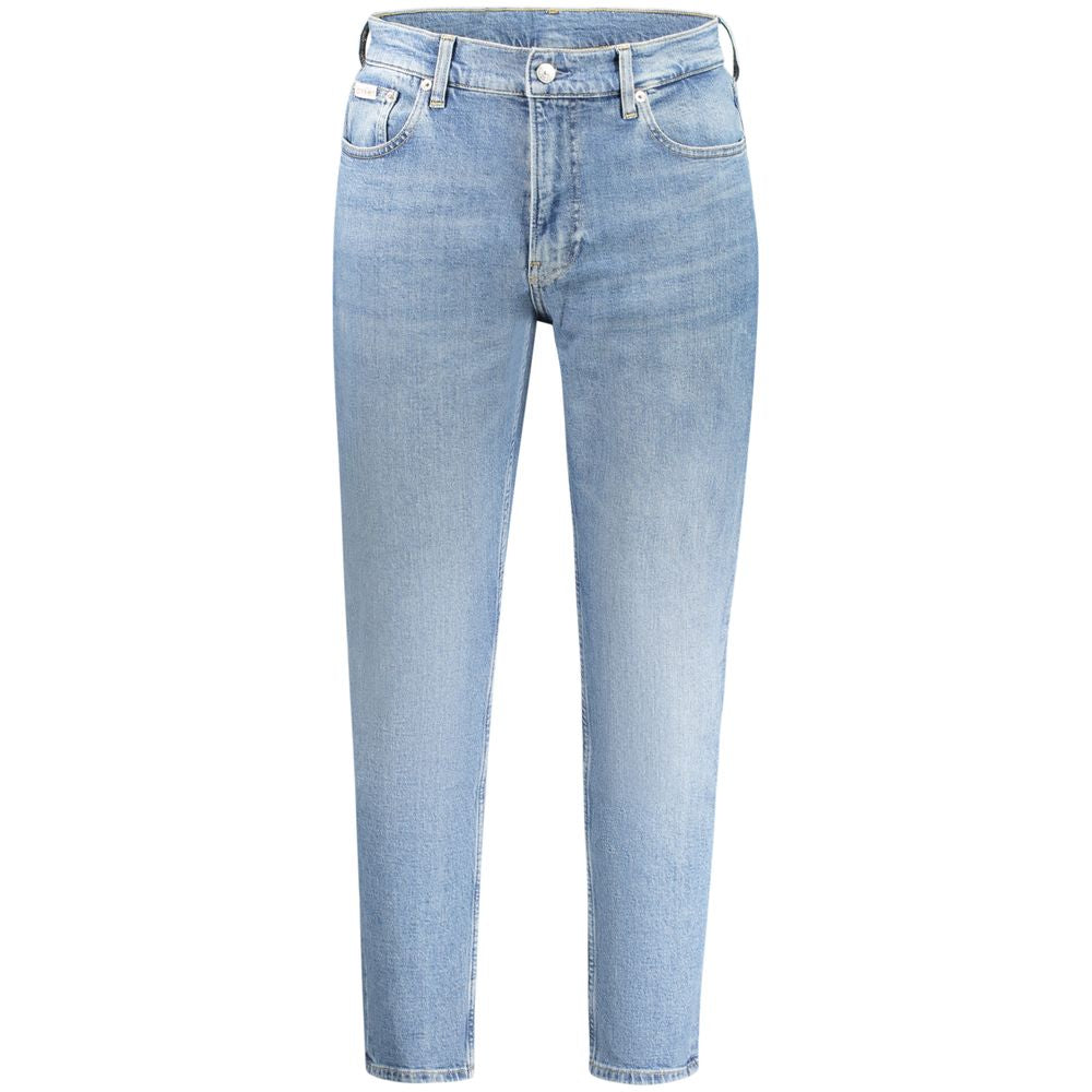 Calvin Klein Blue Cotton Men Jeans featuring a trendy washed effect and classic five-pocket design made with 20% recycled cotton.