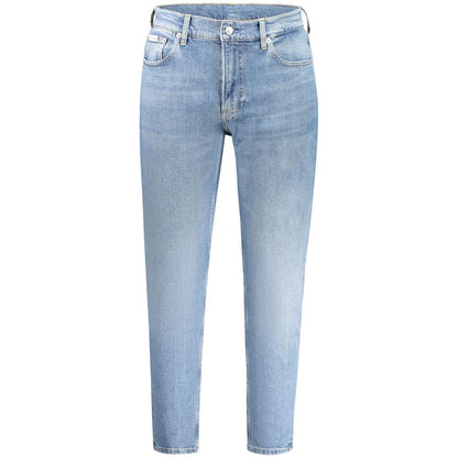 Calvin Klein Blue Cotton Men Jeans featuring a trendy washed effect and classic five-pocket design made with 20% recycled cotton.