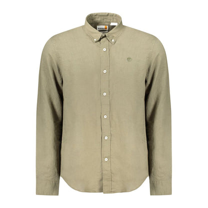 Timberland Green Cotton Shirt, long-sleeved, slim fit, button-down collar, with logo embroidery and one-button cuffs
