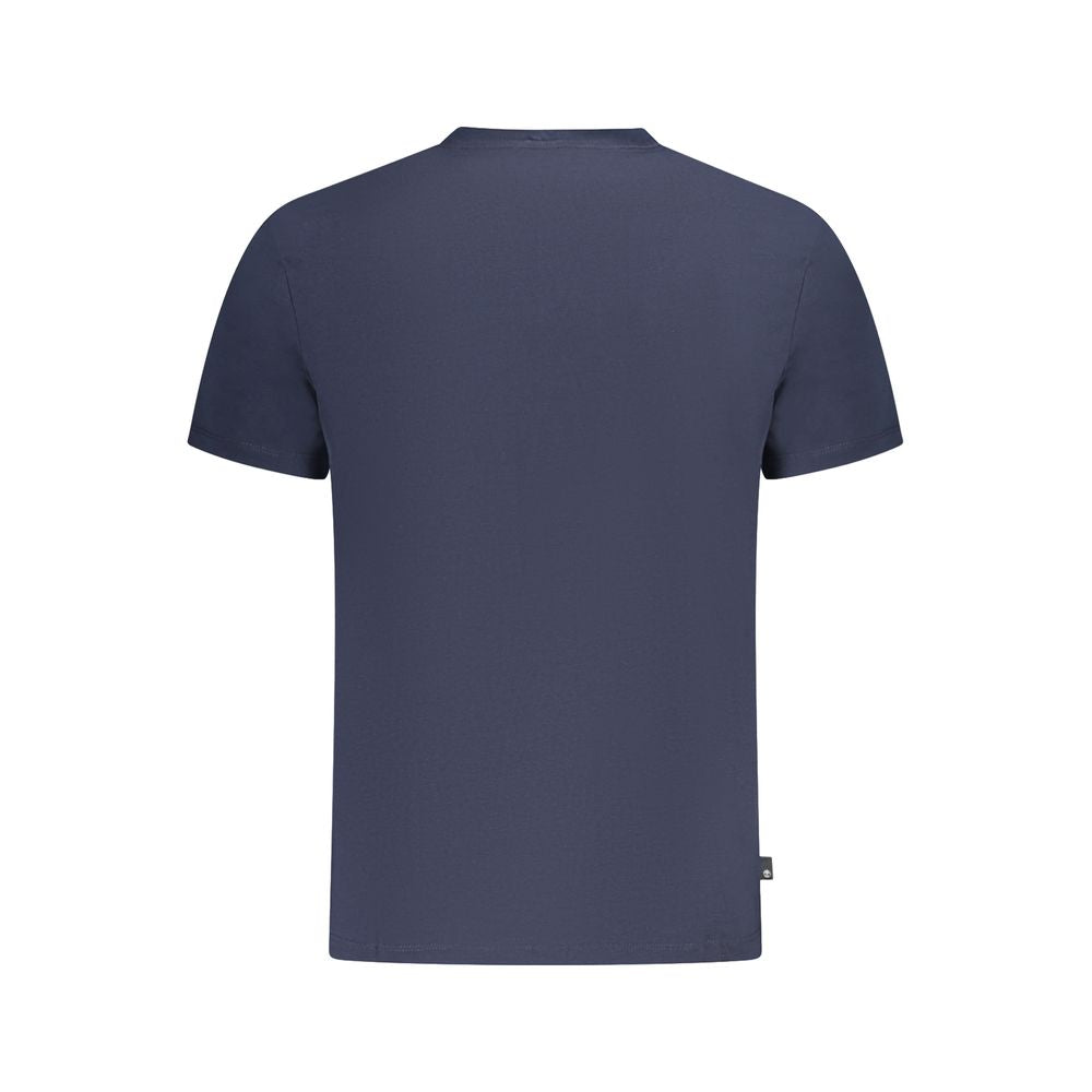 Back view of Timberland Blue Cotton T-Shirt with short sleeves, crew neck, and logo print. Regular fit ideal for casual wear.