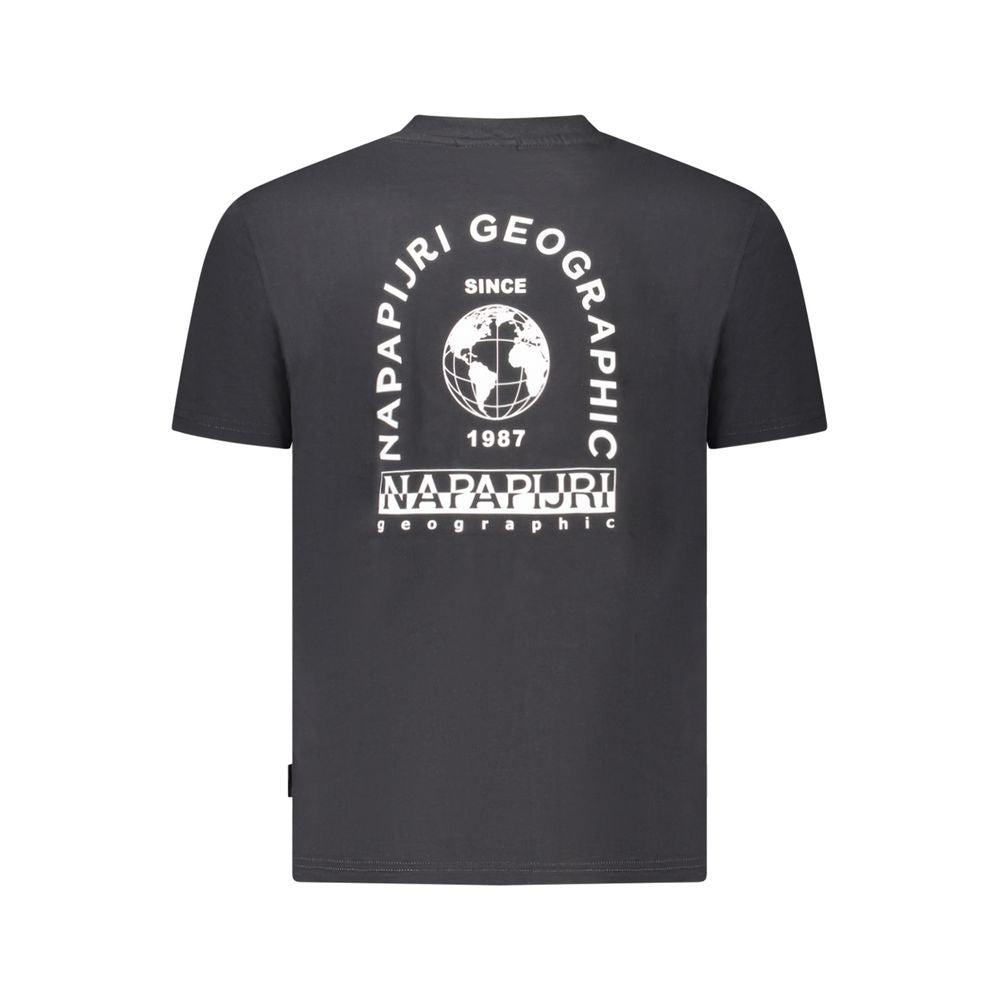 Napapijri Black Cotton Men T-Shirt with logo and bold print design on back, made from 100% organic cotton, featuring relaxed fit for casualwear.