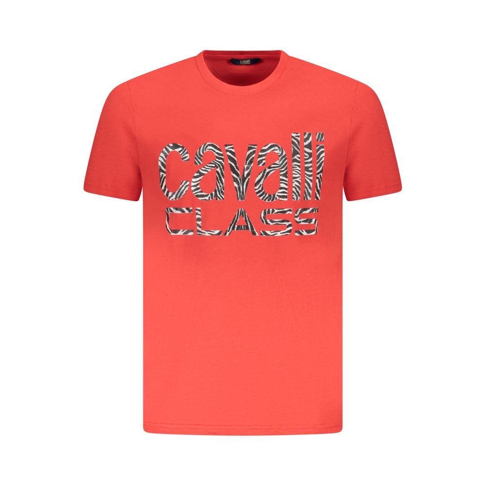 Cavalli Class Red Cotton Men T-Shirt with logo, short sleeves, and crew neck, offering style and comfort for fashion-forward individuals.