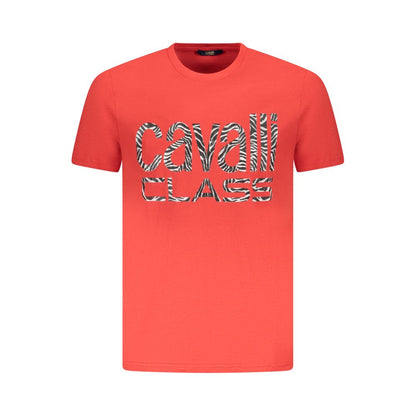 Cavalli Class Red Cotton Men T-Shirt with logo, short sleeves, and crew neck, offering style and comfort for fashion-forward individuals.