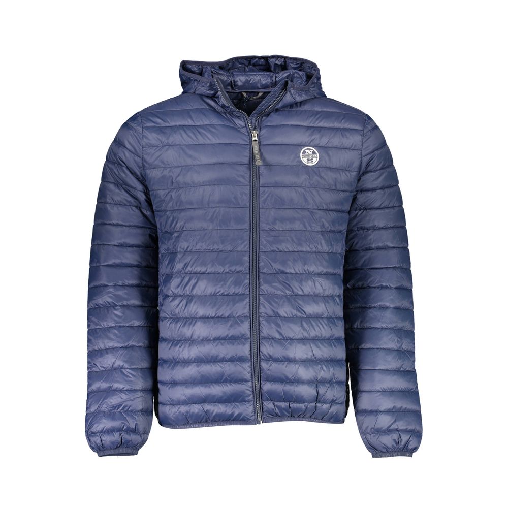 North Sails Blue Polyamide Men Jacket with hood, showcasing zip closure and logo emblem, perfect for stylish and practical outerwear.
