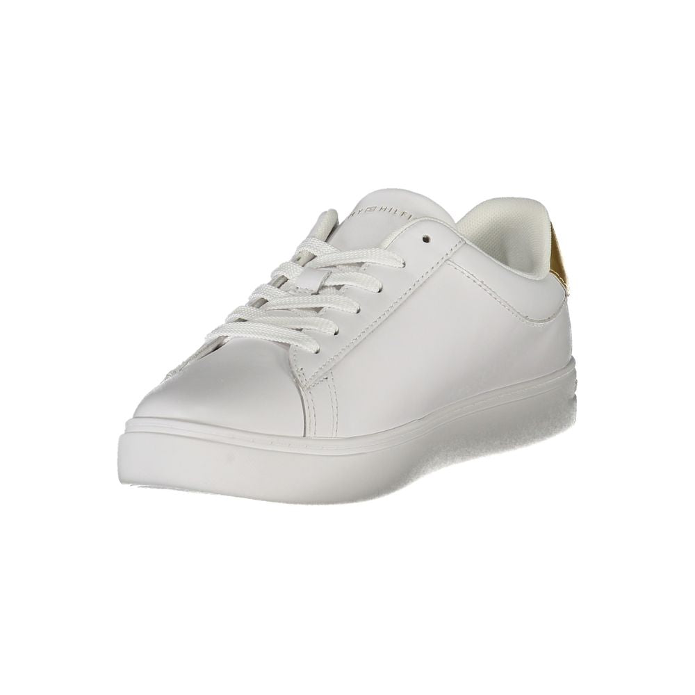 Tommy Hilfiger White Leather Women Sneaker with gold details and removable insole, showcasing luxury and comfort.
