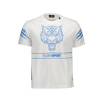 Plein Sport White Cotton Men T-Shirt with bold blue tiger graphic and logo, perfect for stylish trendsetters seeking athletic elegance.