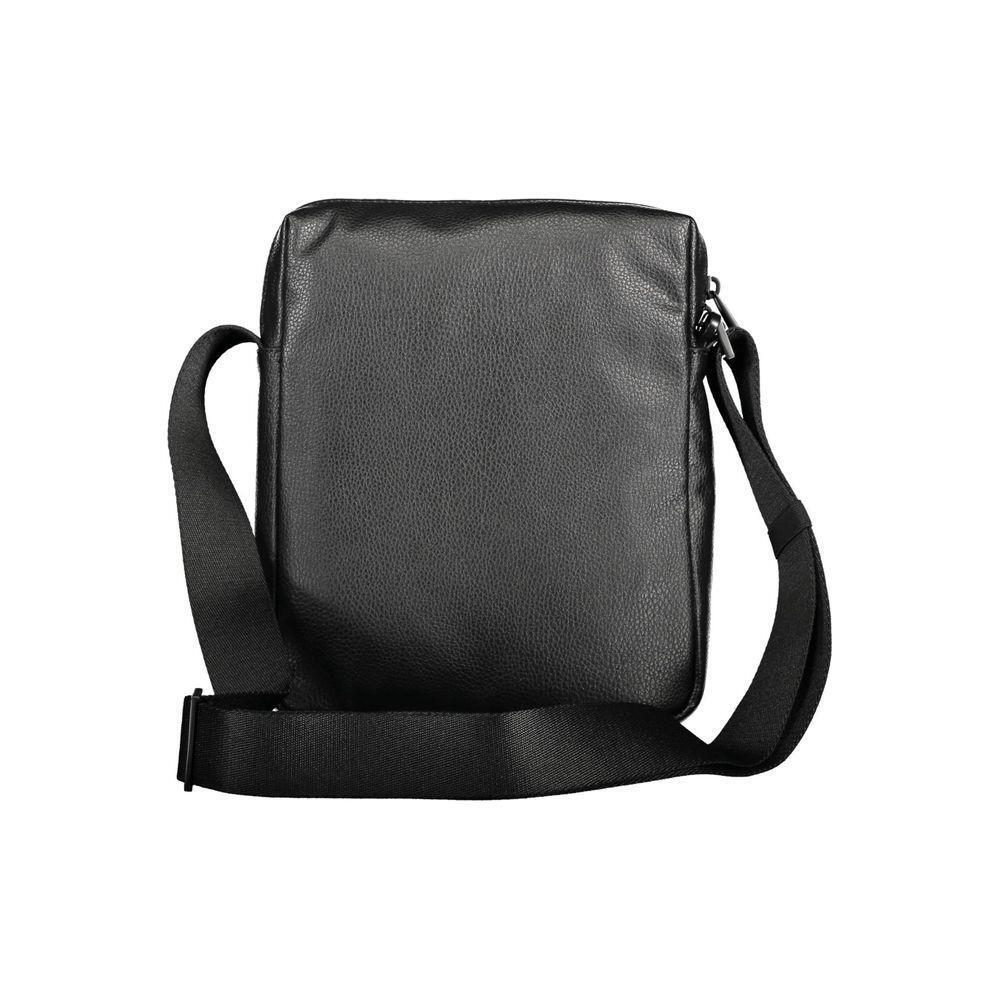 Calvin Klein black polyester men's shoulder bag with adjustable strap, showcasing minimalist elegant design on white background.