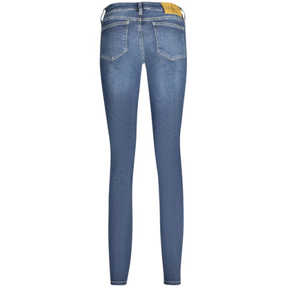 Back view of Calvin Klein Blue Cotton Women Jeans with classic five-pocket design and logo on waistband.