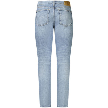 Back view of Calvin Klein Blue Cotton Men Jeans with a slim taper fit and washed effect, showcasing the signature logo on the waistband.
