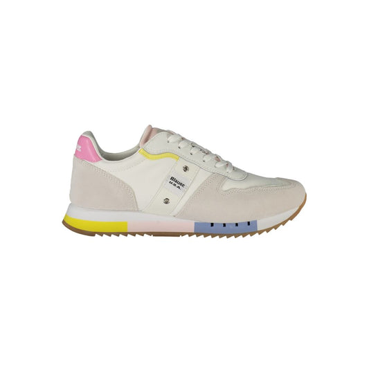 Blauer White Leather Women Sneaker with colorful accents, lace-up design, showcasing high-fashion style and comfort with removable insole.