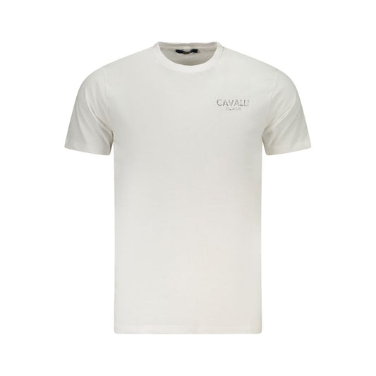 Cavalli Class White Cotton Men's T-Shirt with logo and bold print, short sleeve crew neck fashion statement, made from cotton, white color