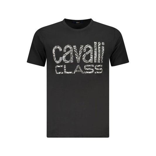 Cavalli Class Black Cotton Men T-Shirt with logo, sleek design, casual luxury fashion for men.