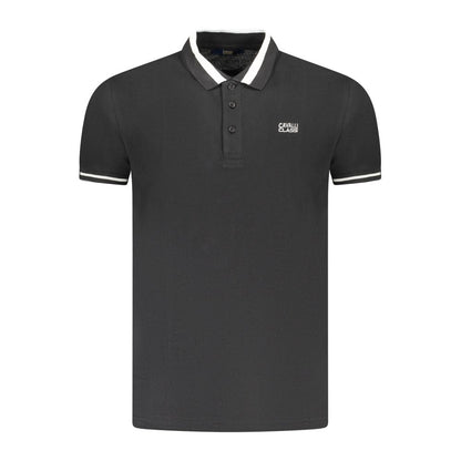 Cavalli Class Black Cotton Men Polo Shirt with embroidery logo and three contrast-detail buttons, showcasing luxury and comfort.