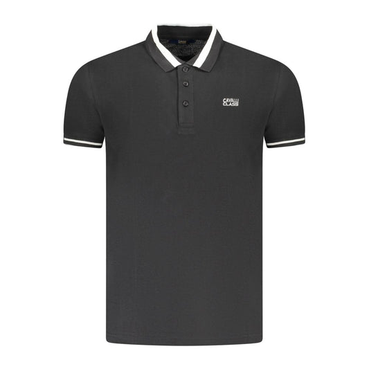 Cavalli Class Black Cotton Men Polo Shirt with contrast buttons and embroidery logo, showcasing sleek sophistication and comfort.