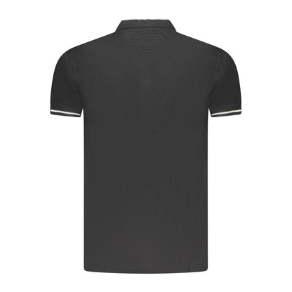 Cavalli Class Black Cotton Men Polo Shirt with three-button detail and signature embroidery, made from premium cotton for comfort and style.
