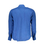La Martina Blue Linen Men Shirt with French collar and embroidered logo