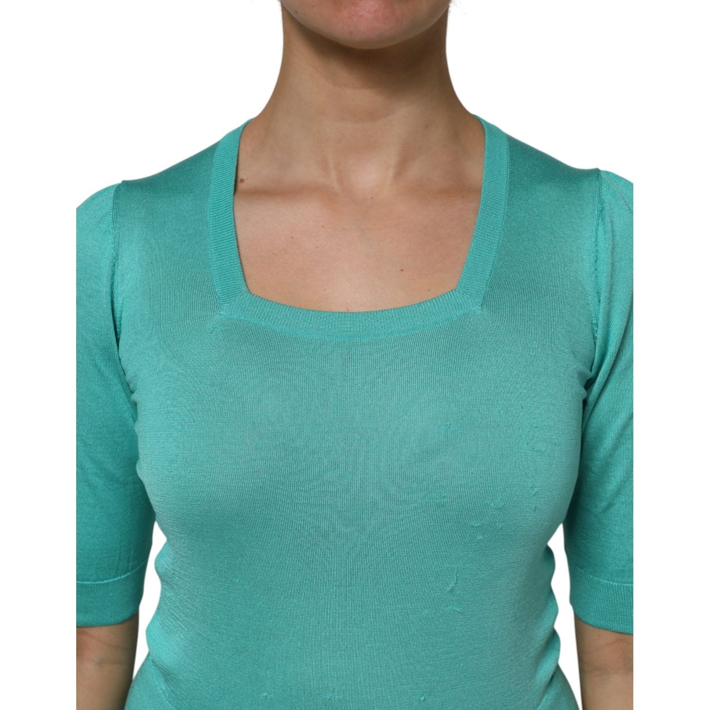 Dolce & Gabbana Aqua Blue Silk Short Sleeves Square Neck Top