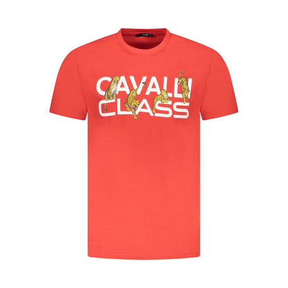 Cavalli Class Red Cotton Men T-Shirt with bold print and logo, crew neck, short sleeves, made from comfortable cotton fabric.