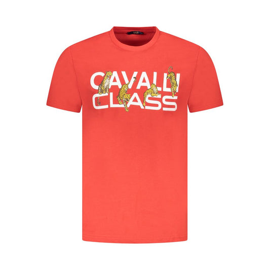 Cavalli Class Red Cotton Men T-Shirt with bold print and logo, short-sleeved, crew neck, trademark design in high-quality cotton.