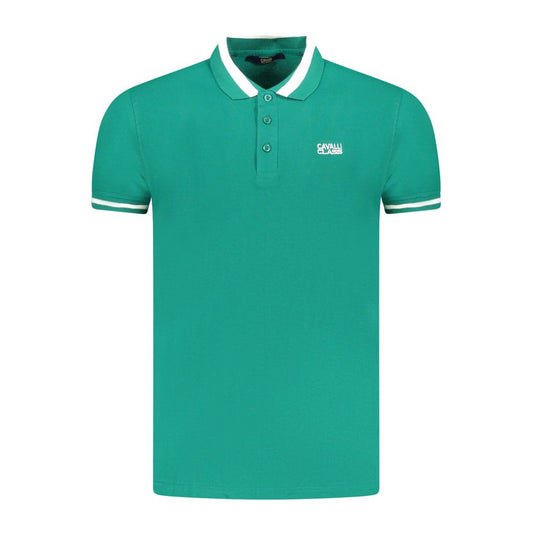 Cavalli Class Green Cotton Men Polo Shirt with embroidery logo, showcasing bold green hue and contrasting details for smart-casual style.