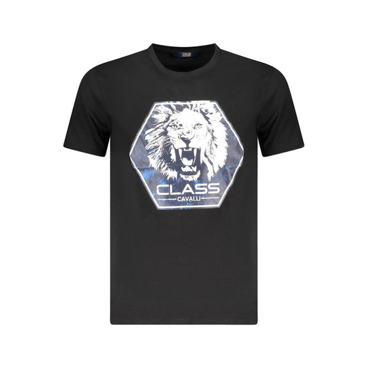 Cavalli Class Black Cotton Men T-Shirt with lion print and logo on front, short sleeve, luxury fashion.