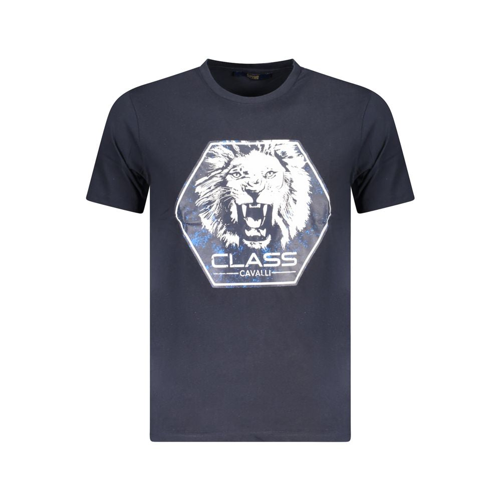Cavalli Class Blue Cotton Men T-Shirt featuring bold print and logo.