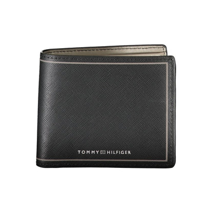 Tommy Hilfiger Black Leather Wallet with contrast details, card slots, coin purse, and two compartments.