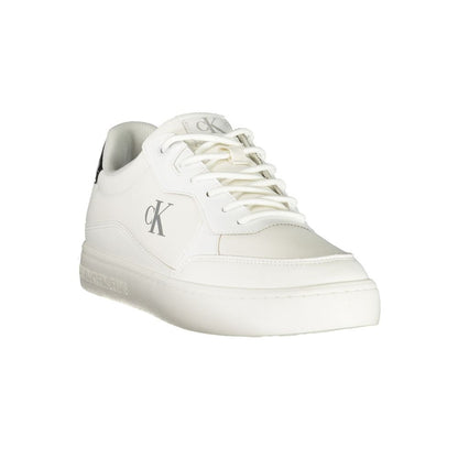 Calvin Klein White Polyester Men Sneaker featuring a sleek design with black accents and CK logo, emphasizing comfort and style.