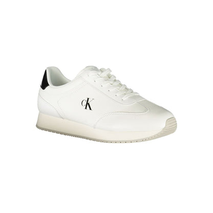 Calvin Klein White Leather Men Sneaker with black accents and logo, featuring comfort footbed and stylish design for modern men.