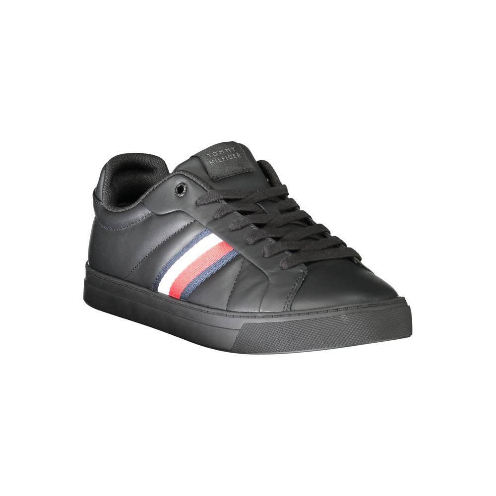 Tommy Hilfiger Black Leather Men Sneaker with logo and contrasting detail, showcasing style and comfort for durable all-day wear.