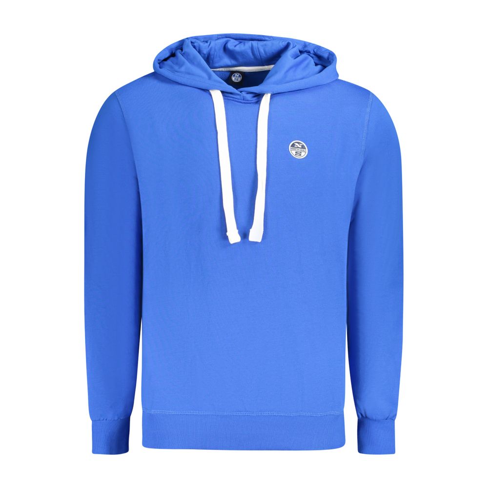 North Sails Blue Cotton Men Sweater with hood and logo, showcasing casual long sleeve design, crafted for comfort and style in vibrant blue.