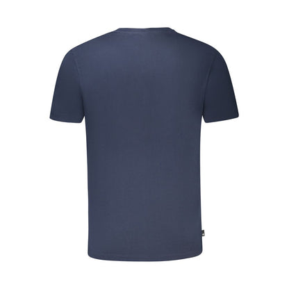 Back view of Timberland Blue Cotton T-Shirt with regular fit, short sleeves, and crew neck made from 100% organic cotton with logo print.