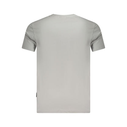 Back view of Napapijri Brown Cotton Men T-Shirt in light gray, short sleeves, crew neck, regular fit, featuring signature embroidery.