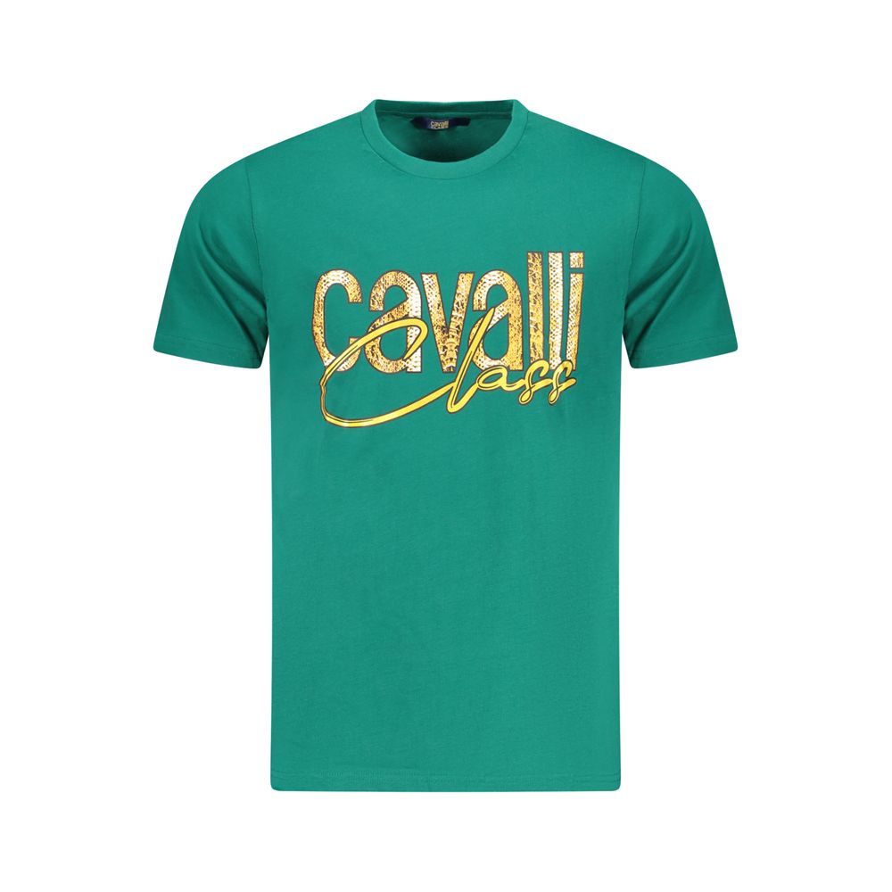 Cavalli Class Green Cotton Men T-Shirt with bold logo and crew neck, showcasing vibrant print for fashion-forward style.