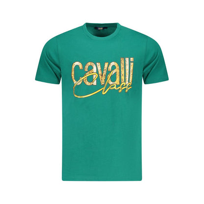 Cavalli Class Green Cotton Men T-Shirt with bold logo and crew neck, showcasing vibrant print for fashion-forward style.